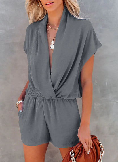 Rompers- Solid Plunge Romper for Casual Outings- Gray- Pekosa Women Fashion