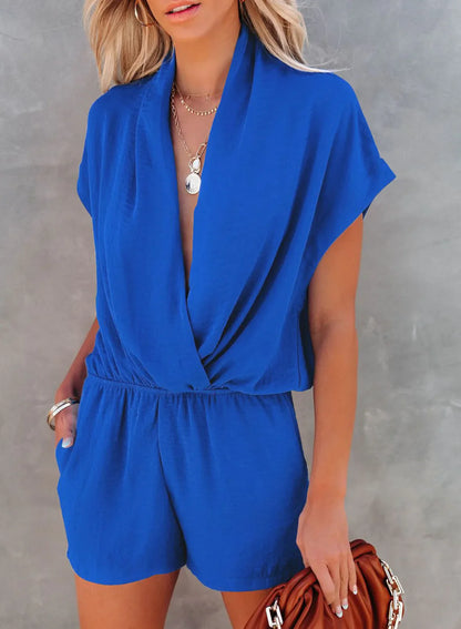 Rompers- Solid Plunge Romper for Casual Outings- Blue- Pekosa Women Fashion