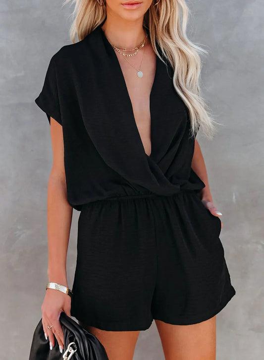 Rompers- Solid Plunge Romper for Casual Outings- Black- Pekosa Women Fashion