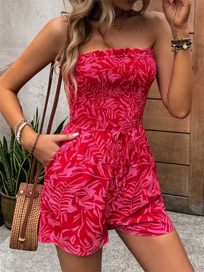 Women's Leaf Print Strapless Romper - Tube Shorts Playsuit