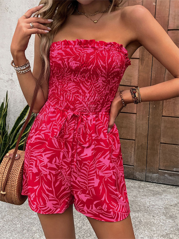 Women's Leaf Print Strapless Romper - Tube Shorts Playsuit