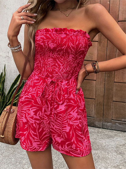 Women's Leaf Print Strapless Romper - Tube Shorts Playsuit