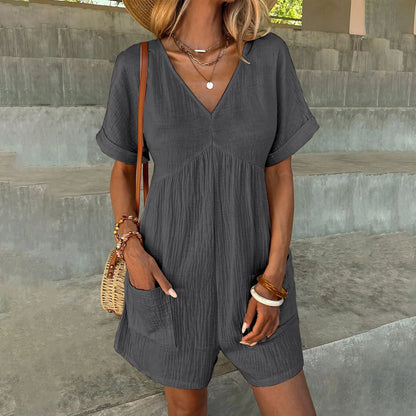 Rompers- Essential Summer Romper with Textured Fabric and Pockets- Dark Gray- Pekosa Women Fashion