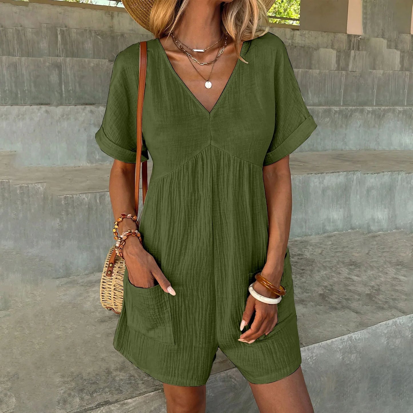 Rompers- Essential Summer Romper with Textured Fabric and Pockets- Green- Pekosa Women Fashion