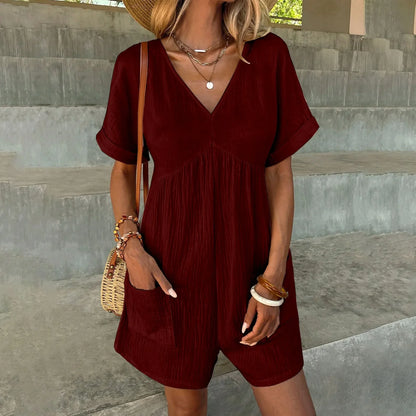 Rompers- Essential Summer Romper with Textured Fabric and Pockets- Red Wine- Pekosa Women Fashion