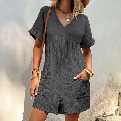 Rompers- Essential Summer Romper with Textured Fabric and Pockets- - Pekosa Women Fashion