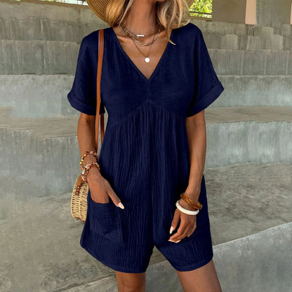 Rompers- Essential Summer Romper with Textured Fabric and Pockets- Navy- Pekosa Women Fashion