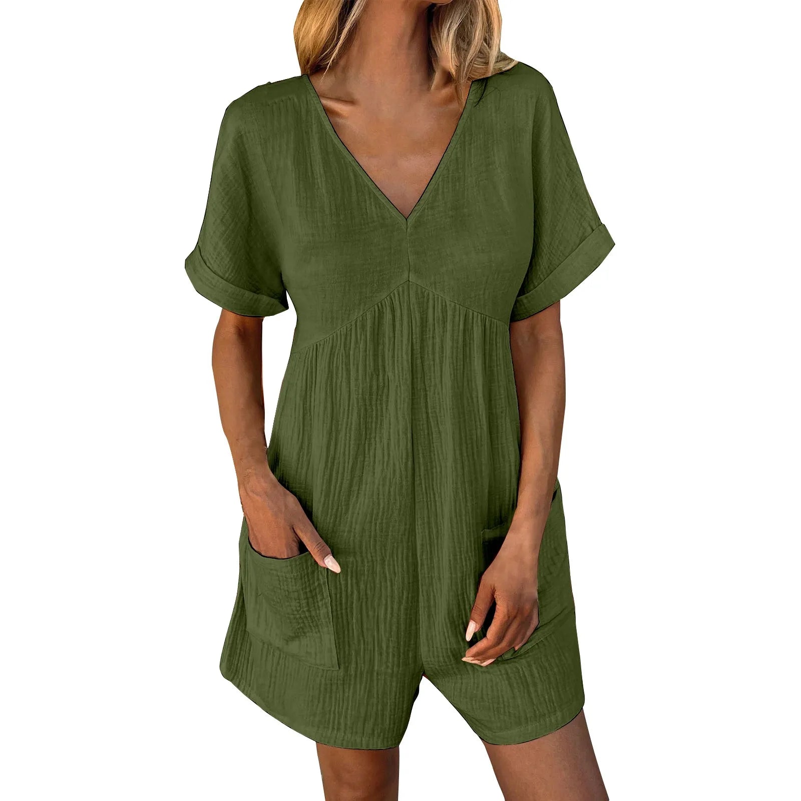 Rompers- Essential Summer Romper with Textured Fabric and Pockets- - Pekosa Women Fashion