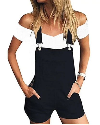 Rompers- Summer Essentials Rompers - Denim Bib Short Overalls- Black- Pekosa Women Fashion