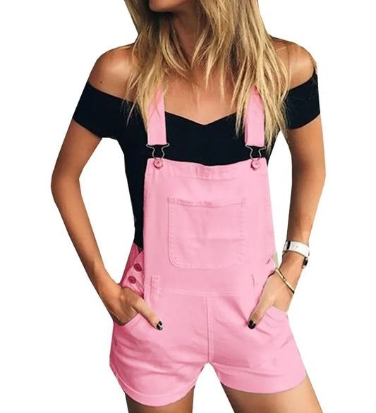 Rompers- Summer Essentials Rompers - Denim Bib Short Overalls- Pink- Pekosa Women Fashion