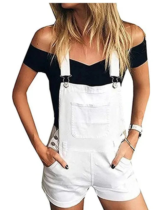 Rompers- Summer Essentials Rompers - Denim Bib Short Overalls- White- Pekosa Women Fashion