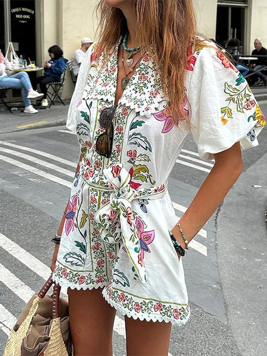 Rompers- Vibrant Floral Print Lace-up V-neck Puff Short Sleeve Romper