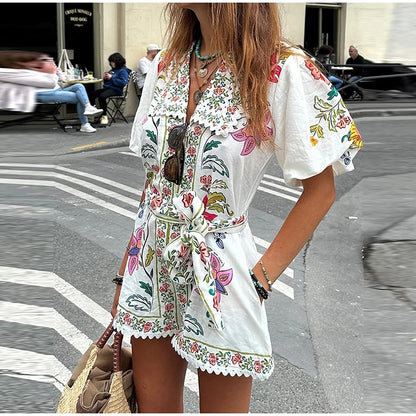 Rompers- Vibrant Floral Print Lace-up V-neck Puff Short Sleeve Romper