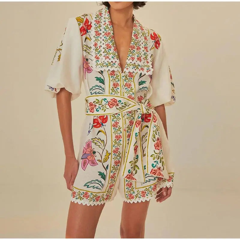 Rompers- Vibrant Floral Print Lace-up V-neck Puff Short Sleeve Romper