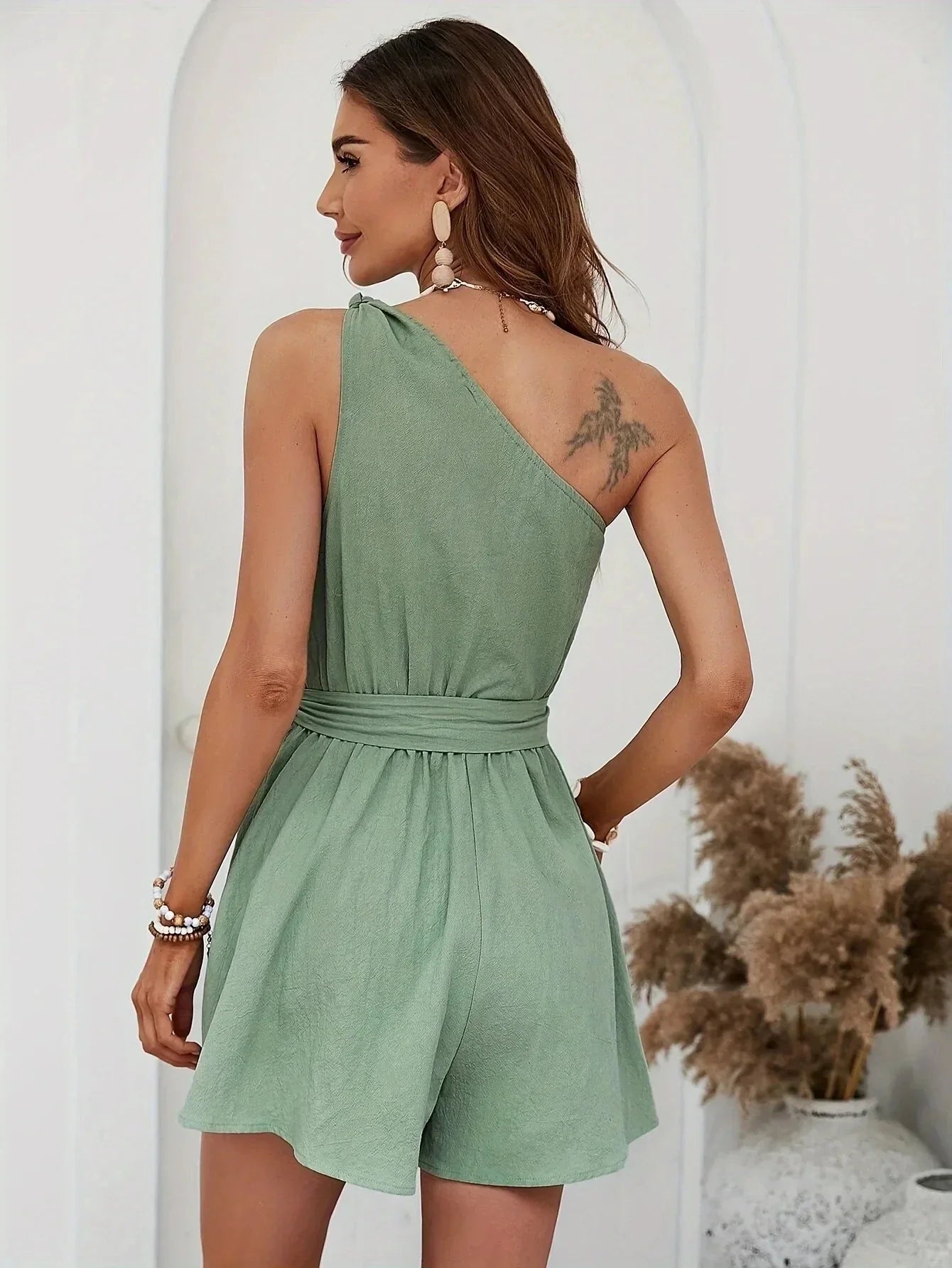 Rompers- Wide-Leg Asymmetric Playsuit - One-Shoulder Belted Romper- - Pekosa Women Fashion