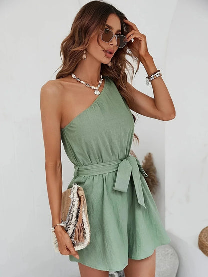 Rompers- Wide-Leg Asymmetric Playsuit - One-Shoulder Belted Romper- - Pekosa Women Fashion