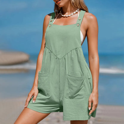 Rompers- Wide-Shorts Bib Playsuit for Women- Green- Pekosa Women Fashion