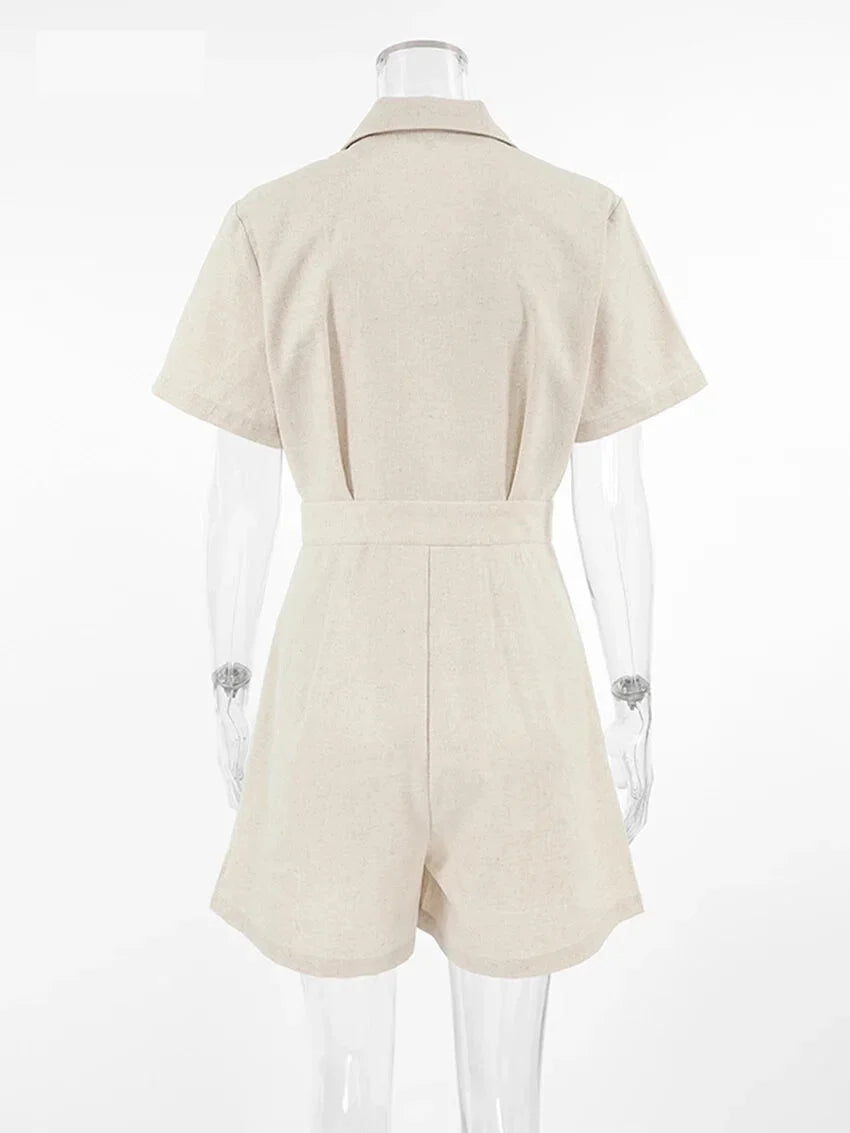 Women Button-Up Linen Romper Jumpsuit for Casual Fridays