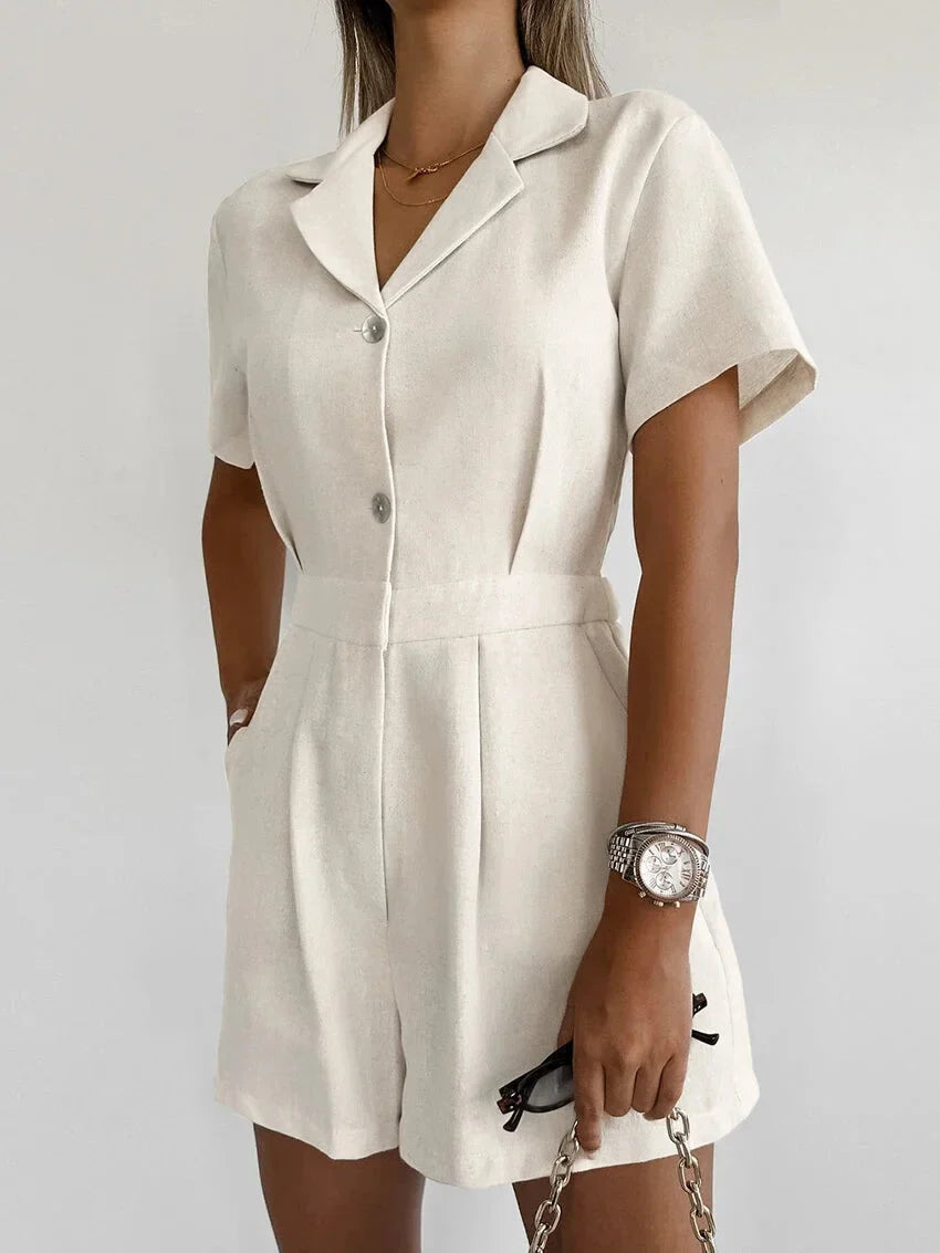 Women Button-Up Linen Romper Jumpsuit for Casual Fridays