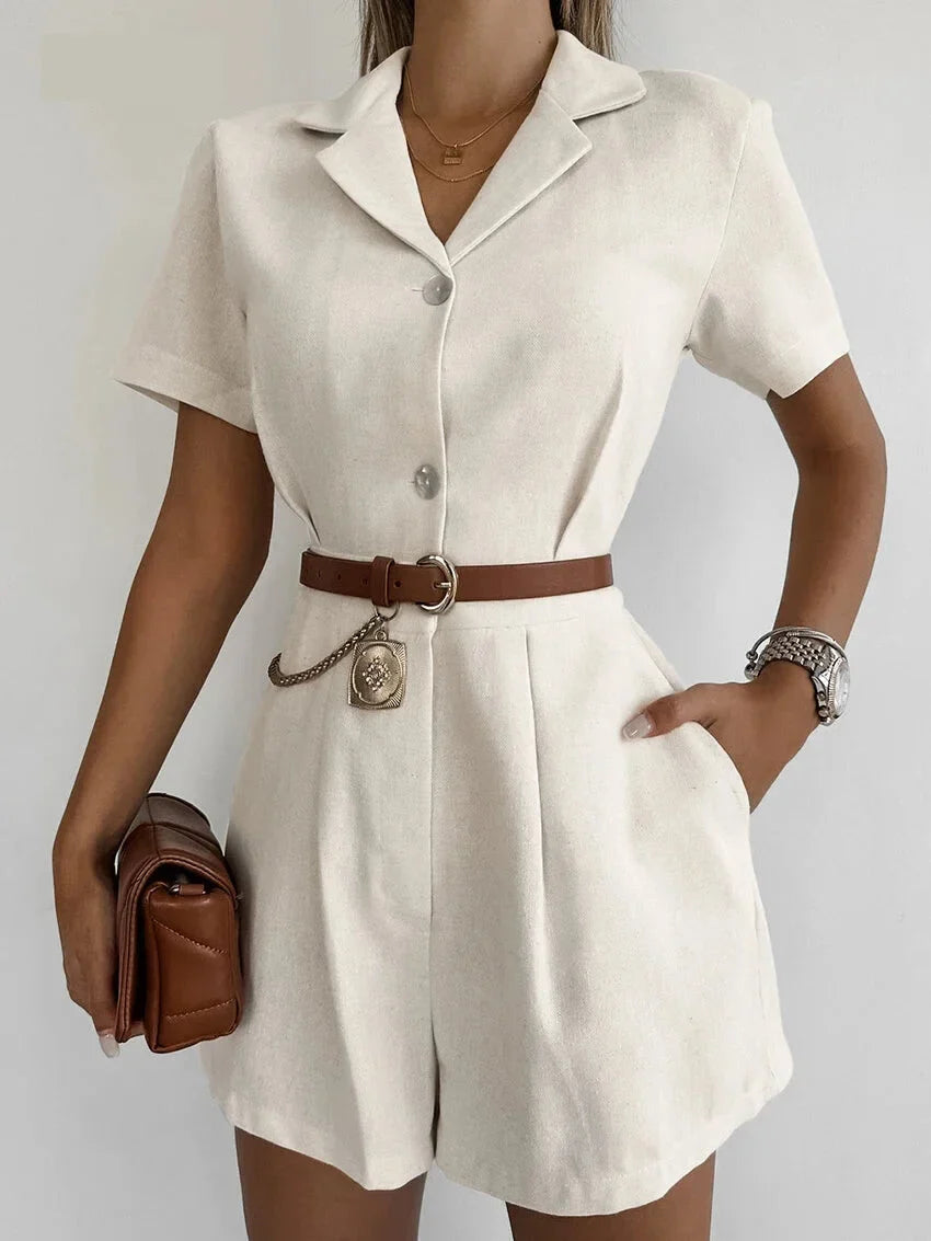 Women Button-Up Linen Romper Jumpsuit for Casual Fridays