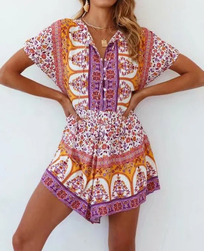 Rompers- Women Floral Boho Romper with Gathered Waist- - Chuzko Women Clothing