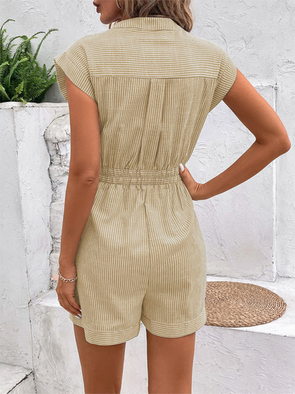 Rompers- Women's Button-Up Belted Romper - Cinched Short-Length Playsuit- - Pekosa Women Fashion