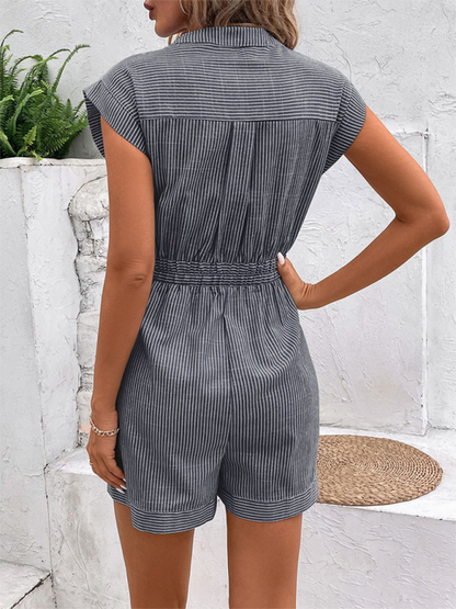 Rompers- Women's Button-Up Belted Romper - Cinched Short-Length Playsuit- - Pekosa Women Fashion