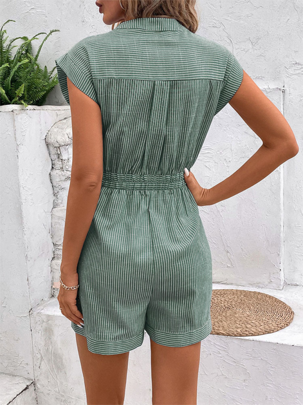 Rompers- Women's Button-Up Belted Romper - Cinched Short-Length Playsuit- - Pekosa Women Fashion