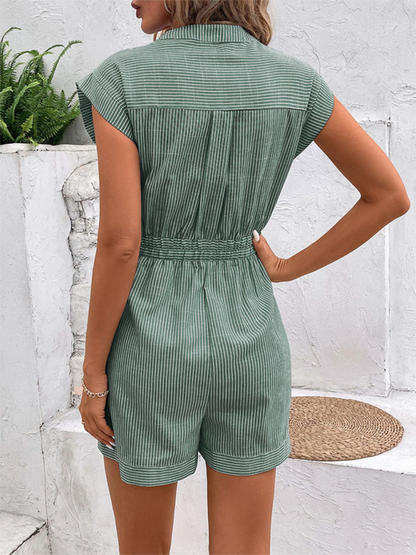 Rompers- Women's Button-Up Belted Romper - Cinched Short-Length Playsuit- - Pekosa Women Fashion