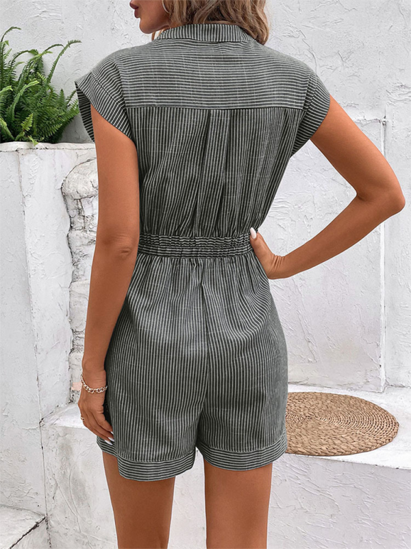 Rompers- Women's Button-Up Belted Romper - Cinched Short-Length Playsuit- - Pekosa Women Fashion