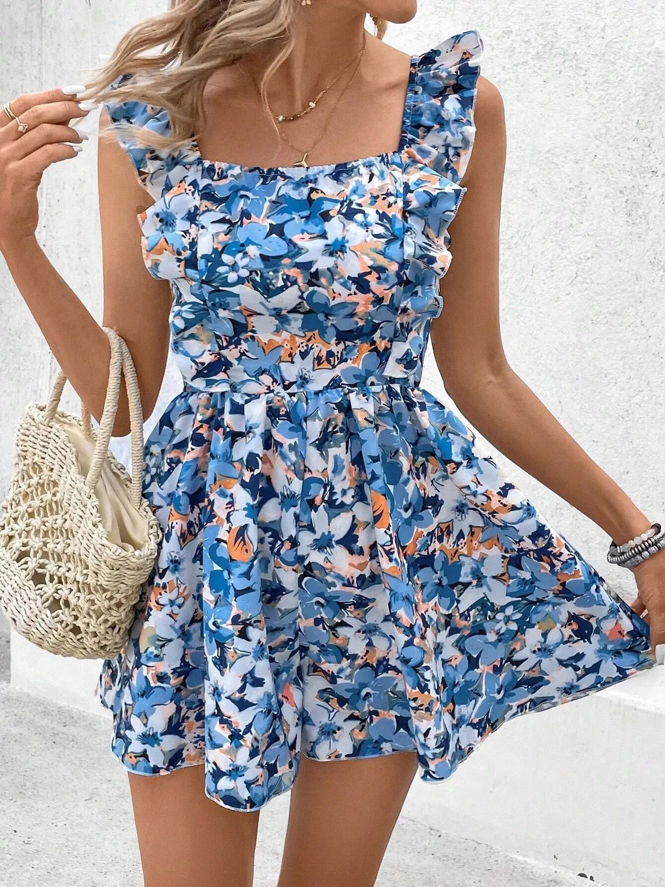 Rompers- Women's Floral Print Playsuit - Bowknot Backless Romper- Blue- Pekosa Women Fashion