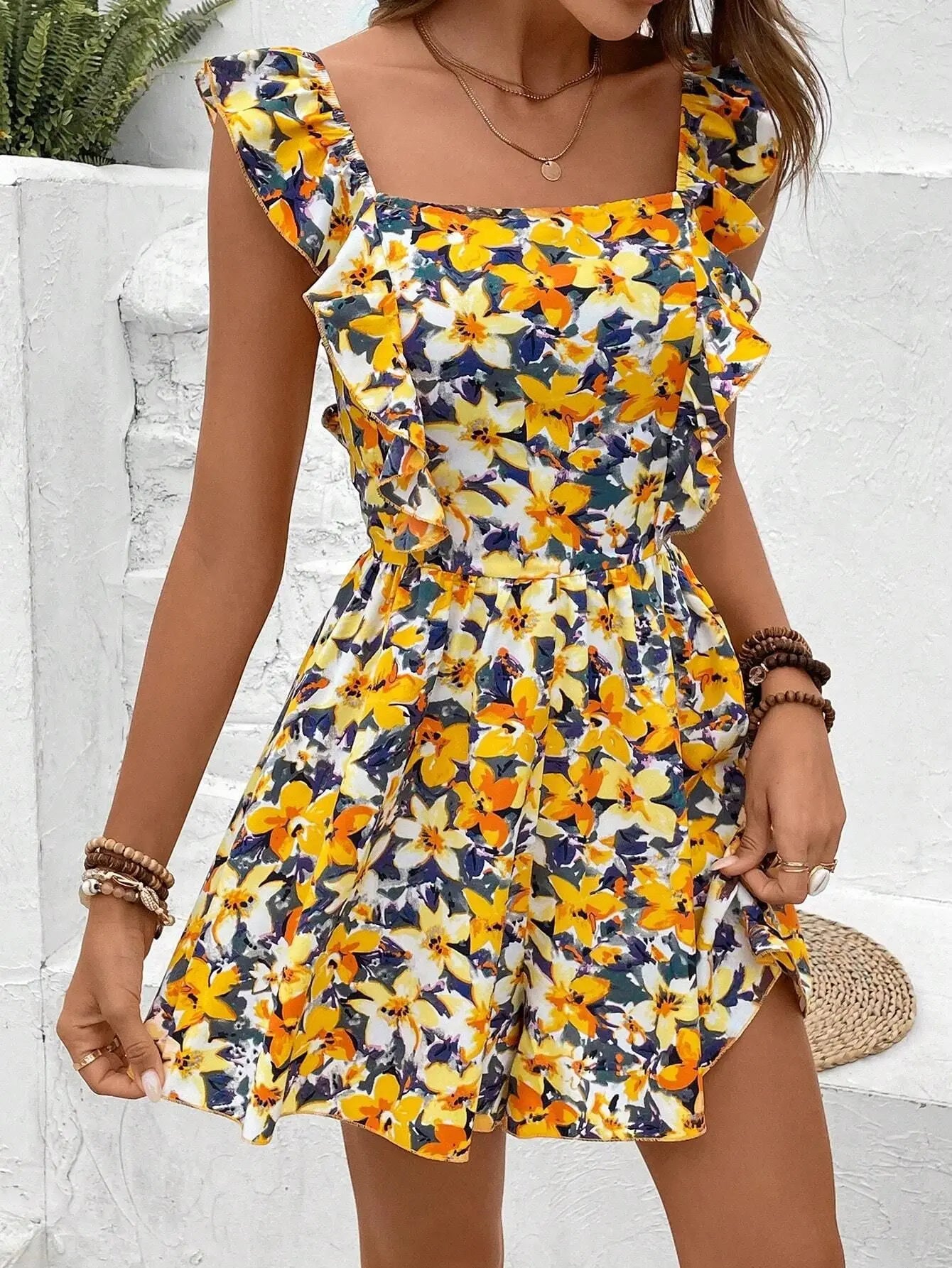 Rompers- Women's Floral Print Playsuit - Bowknot Backless Romper- Yellow- Pekosa Women Fashion