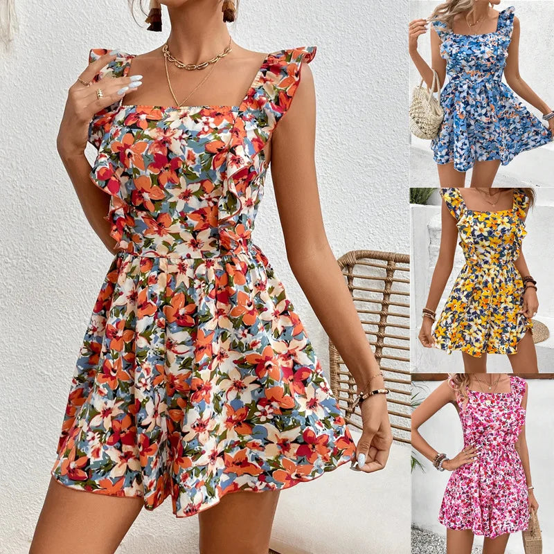 Rompers- Women's Floral Print Playsuit - Bowknot Backless Romper- - Pekosa Women Fashion