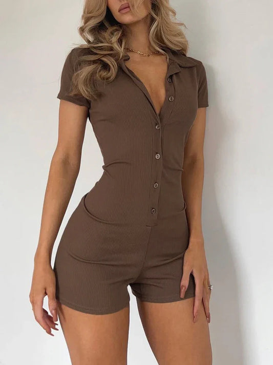 Rompers- Women's Ribbed Button Playsuit for Casual Lounging - Fitted Romper- Brown- Pekosa Women Fashion