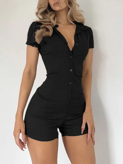 Rompers- Women's Ribbed Button Playsuit for Casual Lounging - Fitted Romper- Black- Pekosa Women Fashion