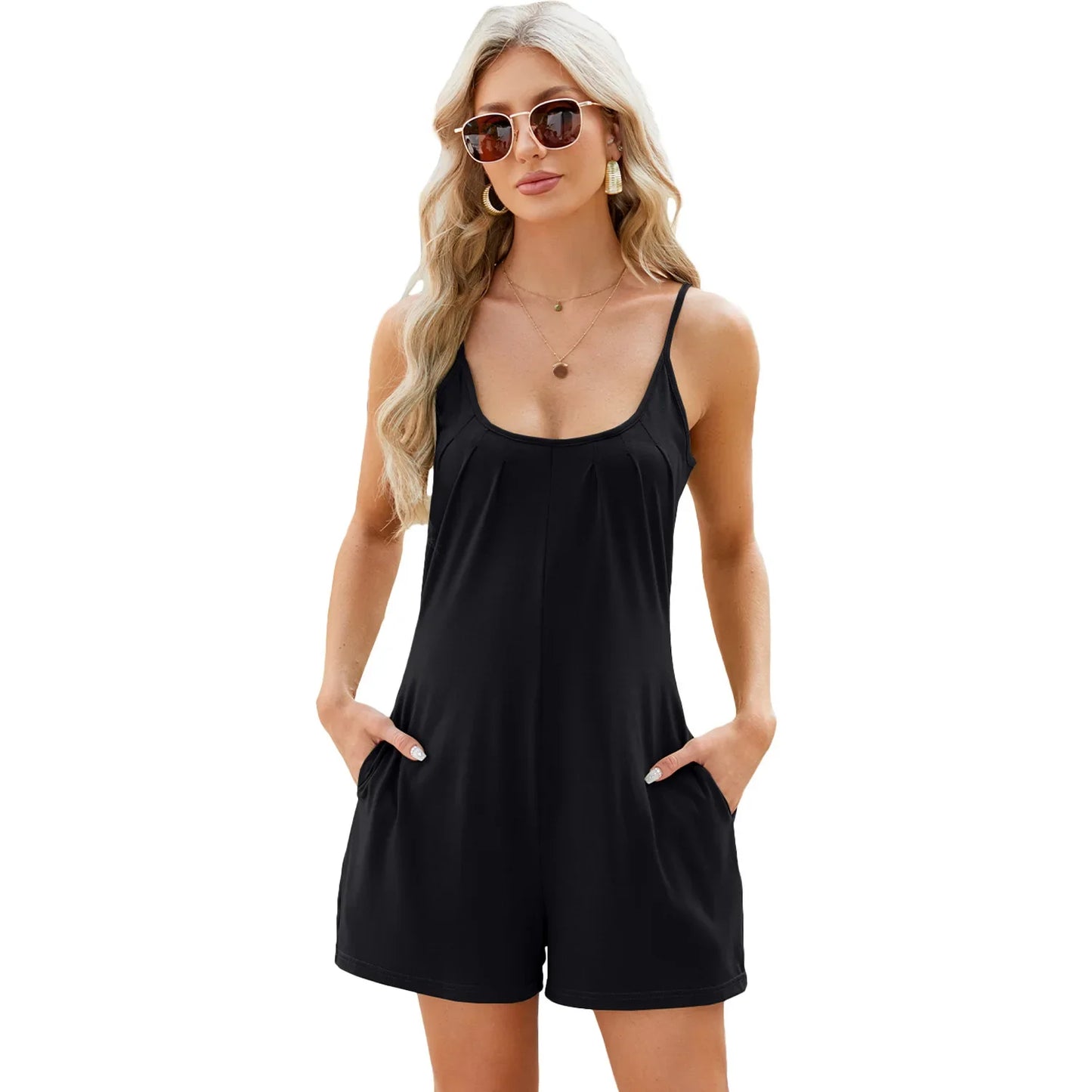 Rompers- Women's Solid Cotton Blend Romper - Short-Length Cami Playsuit- Black- Pekosa Women Fashion