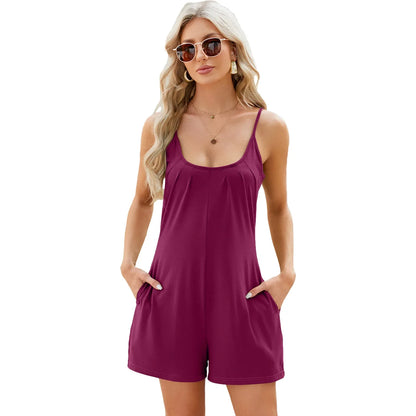 Rompers- Women's Solid Cotton Blend Romper - Short-Length Cami Playsuit- Red- Pekosa Women Fashion