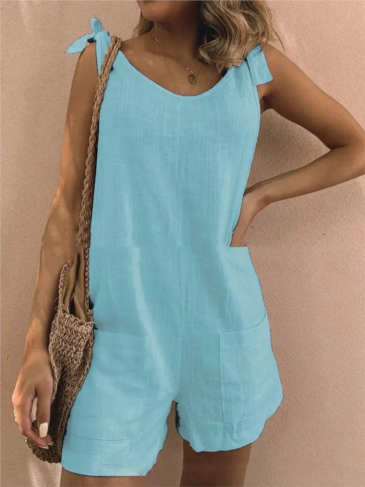 Rompers- Women's Solid Cotton Romper with Tie Shoulders- Sky blue- Pekosa Women Fashion