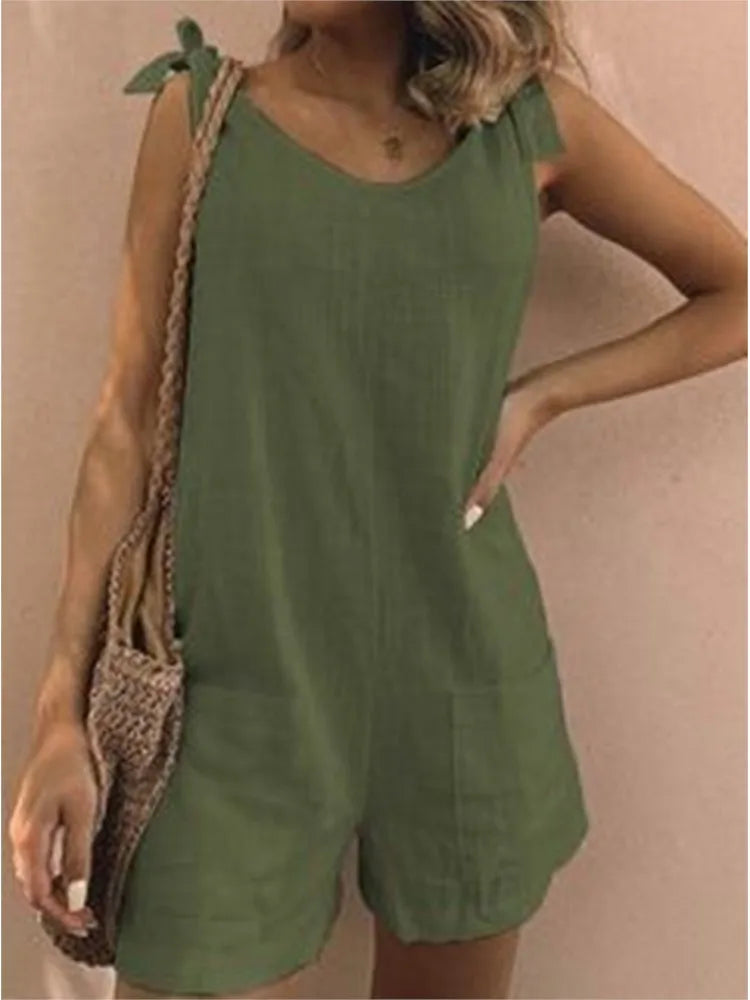 Rompers- Women's Solid Cotton Romper with Tie Shoulders- Green- Pekosa Women Fashion