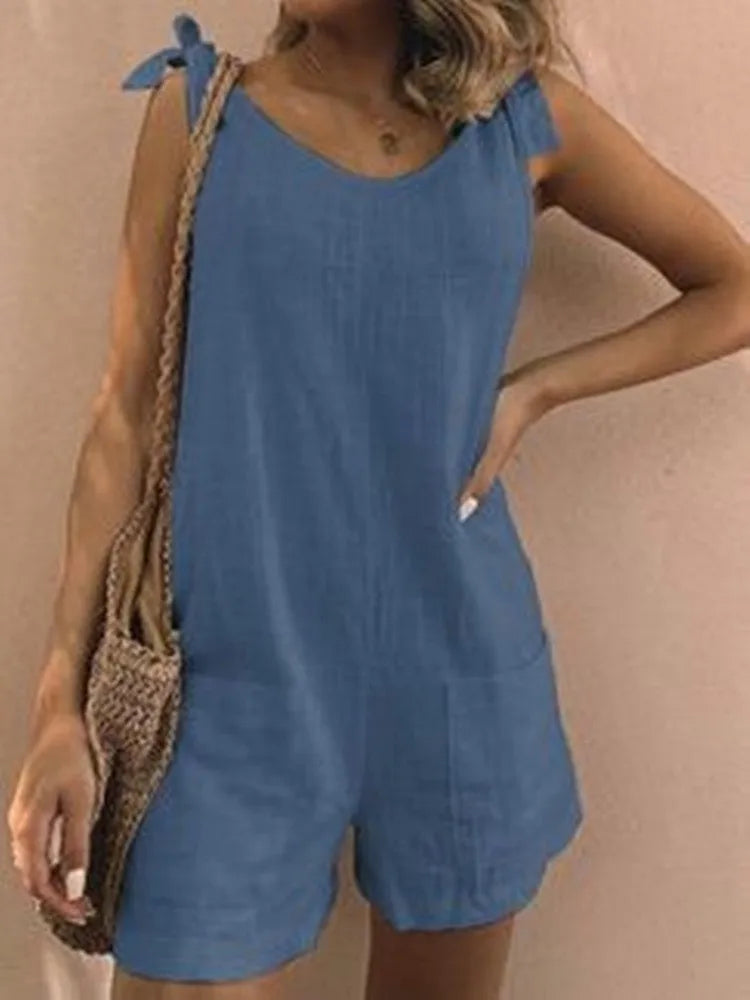 Rompers- Women's Solid Cotton Romper with Tie Shoulders- Blue- Pekosa Women Fashion