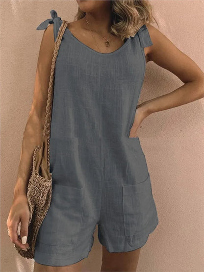 Rompers- Women's Solid Cotton Romper with Tie Shoulders- Gray- Pekosa Women Fashion