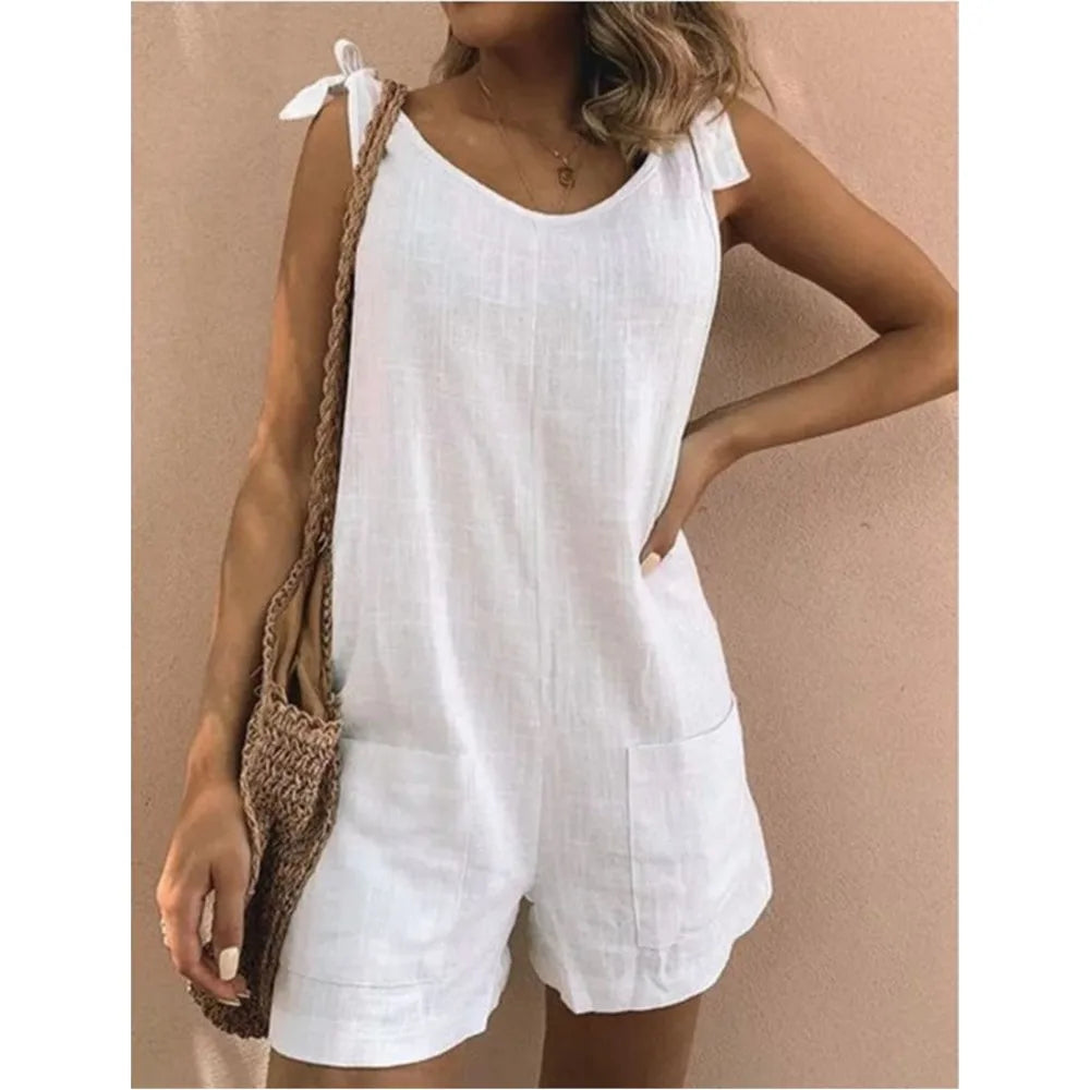 Rompers- Women's Solid Cotton Romper with Tie Shoulders- - Pekosa Women Fashion