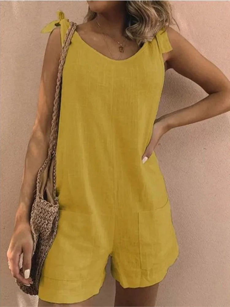 Rompers- Women's Solid Cotton Romper with Tie Shoulders- Yellow- Pekosa Women Fashion