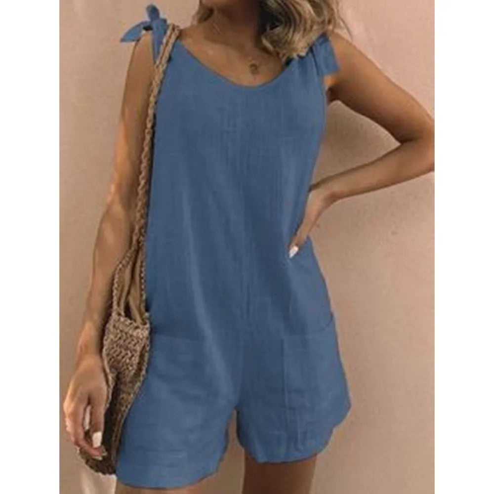 Rompers- Women's Solid Cotton Romper with Tie Shoulders- - Pekosa Women Fashion