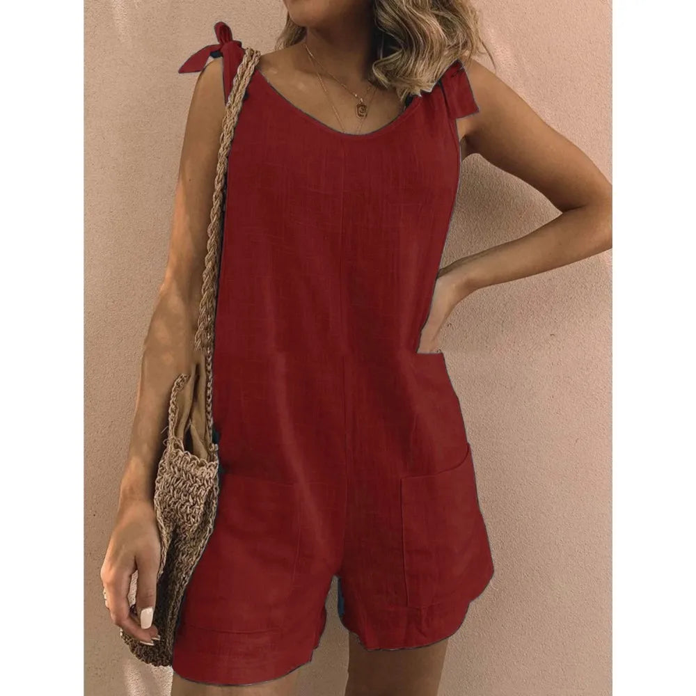 Rompers- Women's Solid Cotton Romper with Tie Shoulders- - Pekosa Women Fashion