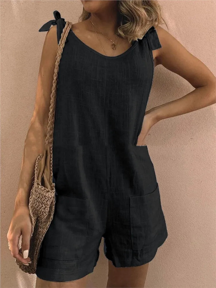 Rompers- Women's Solid Cotton Romper with Tie Shoulders- Black- Pekosa Women Fashion