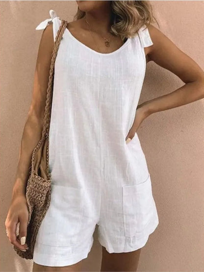 Rompers- Women's Solid Cotton Romper with Tie Shoulders- White- Pekosa Women Fashion