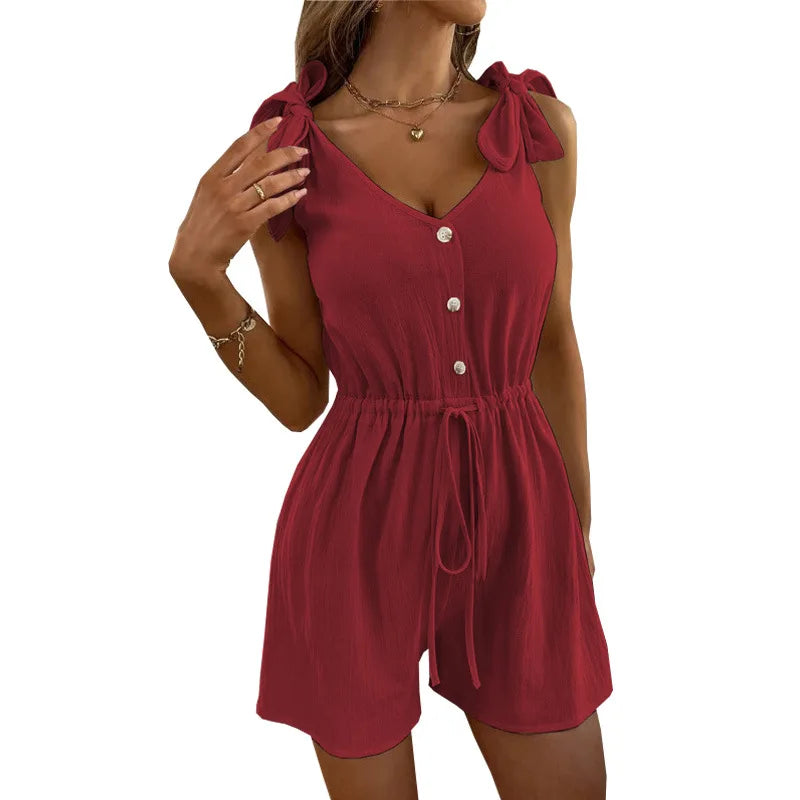 Rompers- Women's Textured Tie-Shoulder Romper- Red- Pekosa Women Fashion