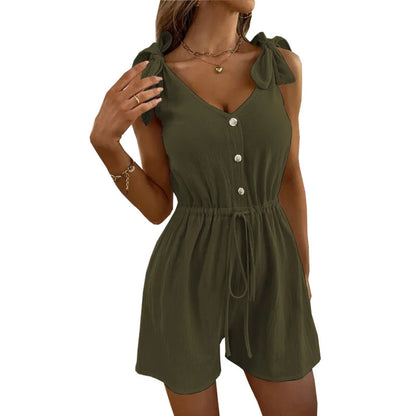 Rompers- Women's Textured Tie-Shoulder Romper- Army Green- Pekosa Women Fashion