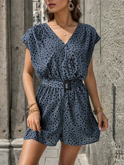 Weit geschnittener Strampler mit Leopardenmuster und Gürtel für Damen – Kurzer Playsuit mit Katzenmuster